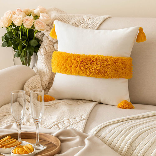 THROW PILLOW Sunny White with Yellow Tufting Tassels Cushion Cover for  Bright Decor (16x16 inches)