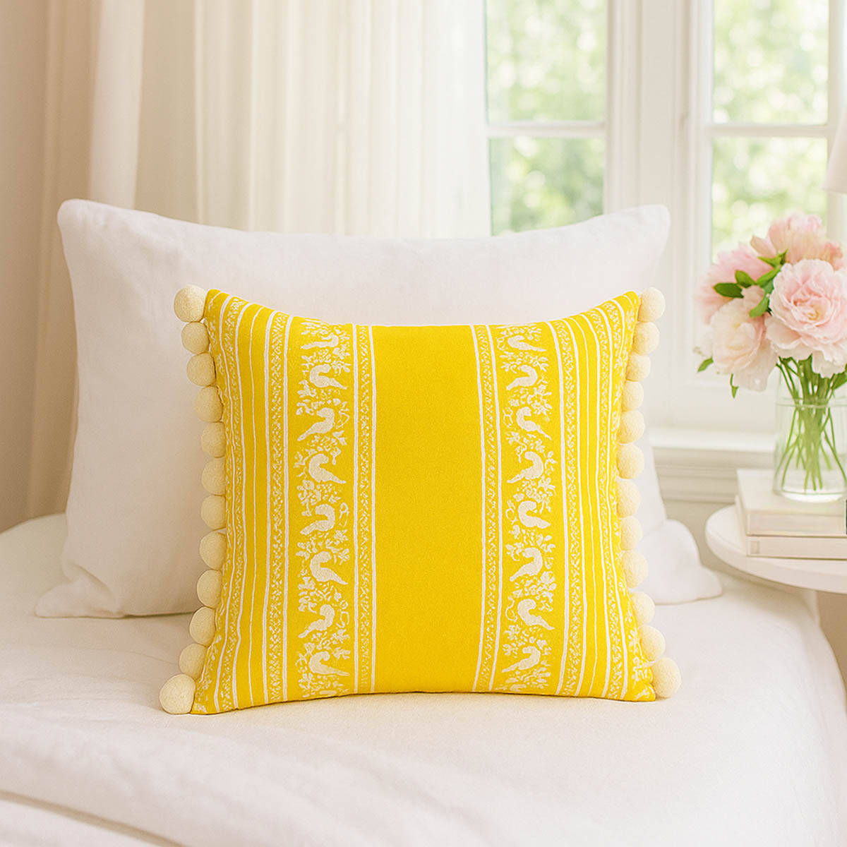 THROW PILLOW Finch & Bloom Mustard Yellow with Bird Print Tassels Cushion Cover (16x16 inches)