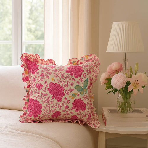 Buy THROW PILLOW Petal Charm Pink Floral with Frill Edges Cushion