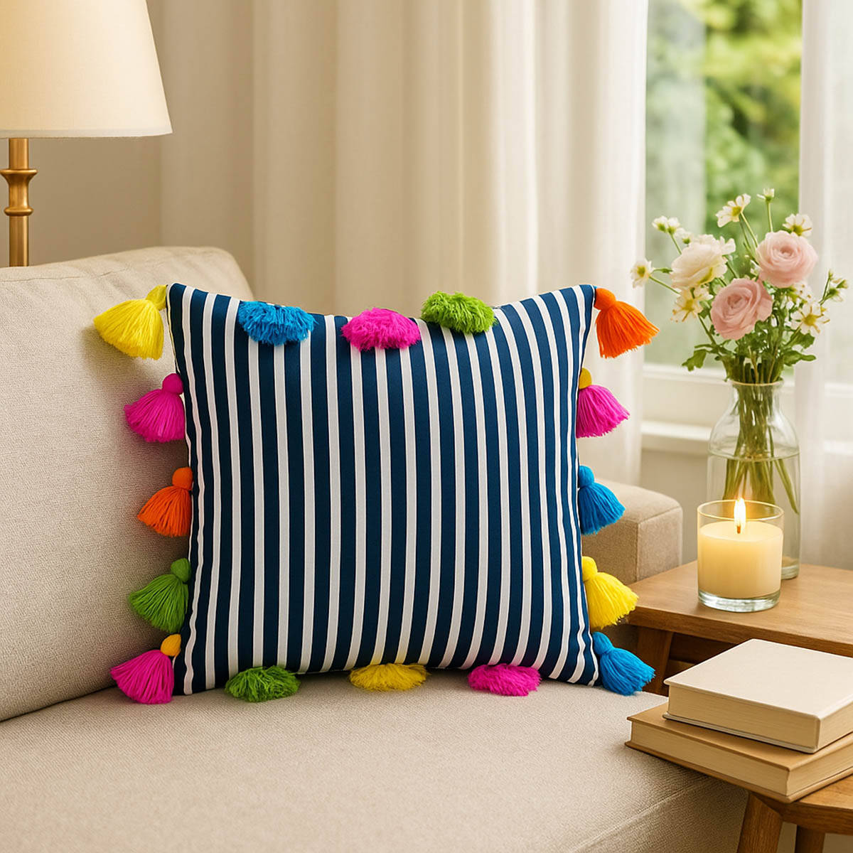 THROW PILLOW Stripe & Pop Black-White Stripes with Multicolor Tassels Cushion Cover (16x16 inches)