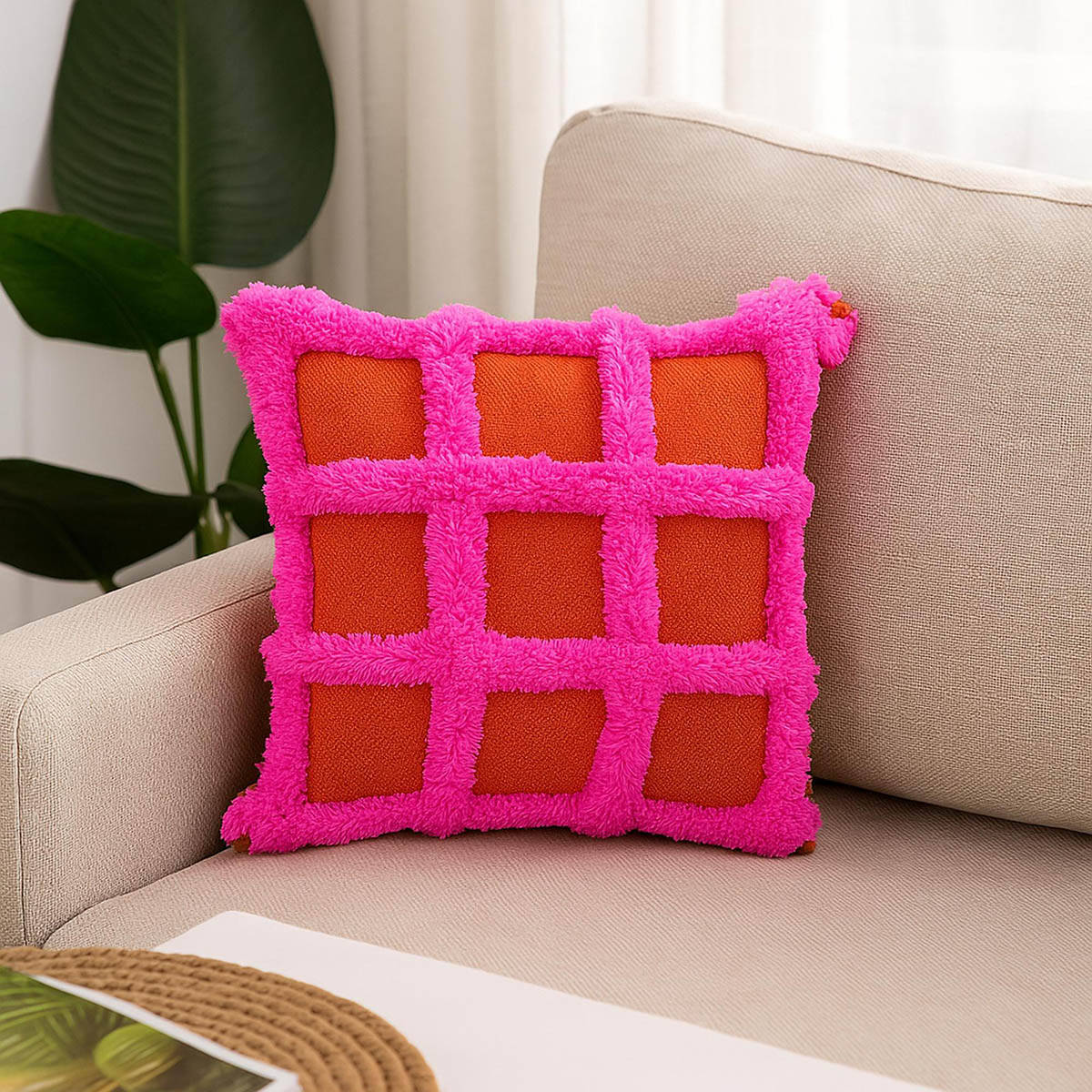 THROW PILLOW Fiesta Waffle Burnt Orange with Hot Pink Tufting Cushion Cover (16x16 inches)