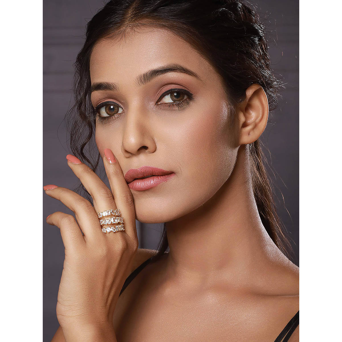 Aatmana Gold-Plated Cz-Studded and Layered Adjustable Finger Ring