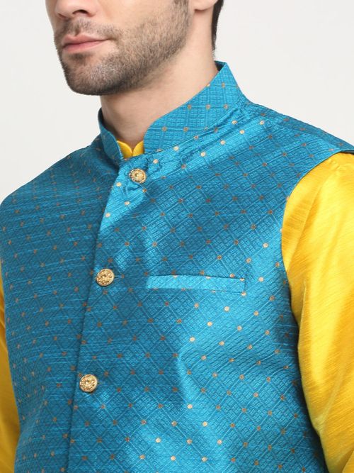 Buy Kraft India Men Silk Blend Yellow Kurta and Churidar with Blue Nehru Jacket (Set of 3) Online Buy Kraft India Men Silk Blend Yellow Kurta and Churidar with Blue Nehru Jacket (Set of 3) Online