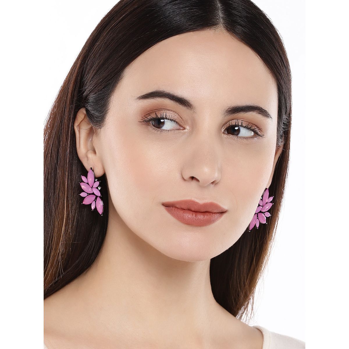 OOMPH Jewellery Purple Pink Stone Studded Floral Ear Stud Earrings In