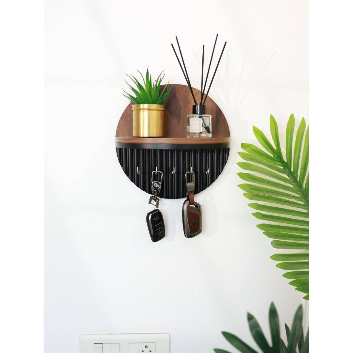 Cinch Home Modern Round Wooden Key Holder with Shelf Walnut Finish - Black