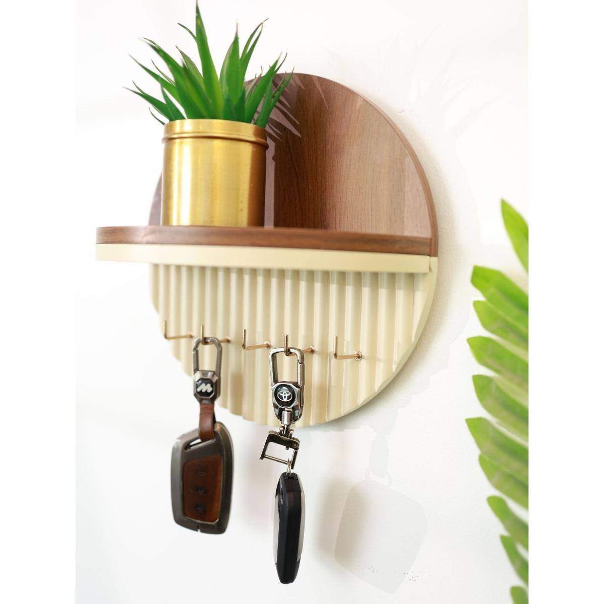 Cinch Home Modern Round Wooden Key Holder with Shelf Walnut Finish - White