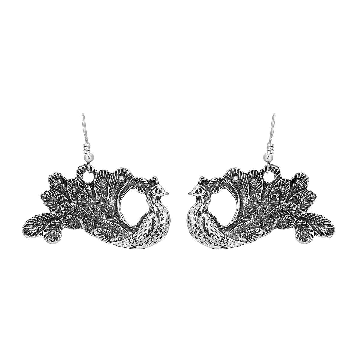Adwitiya Women Silver Oxidised Dancing Peacock Drop Earring