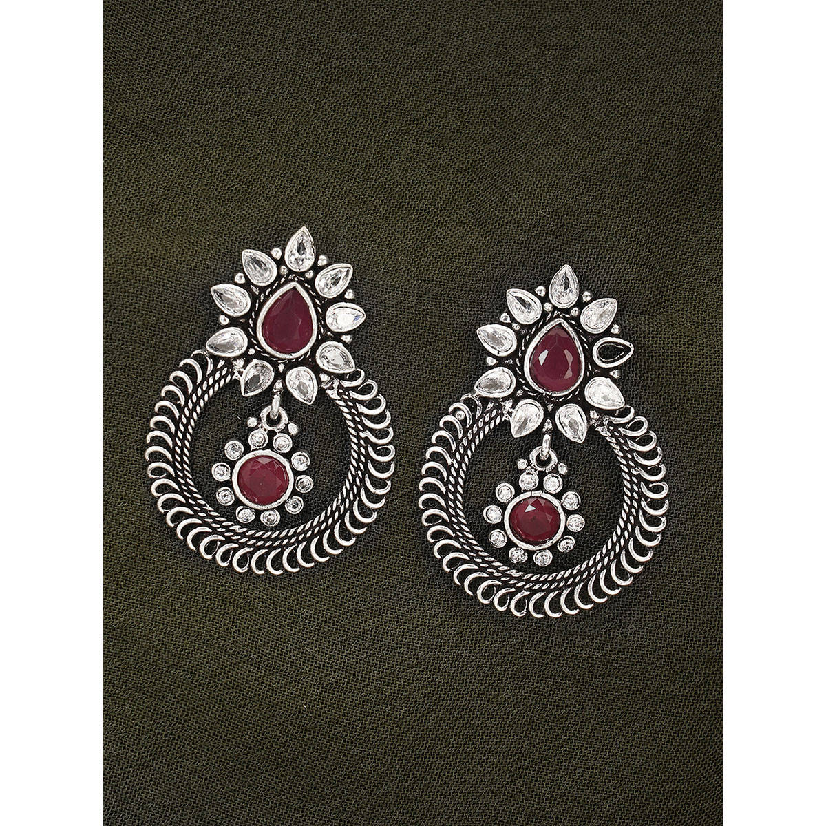 Adwitiya Oxidised Silver-Plated & Maroon Stone-Studded Drop Earrings