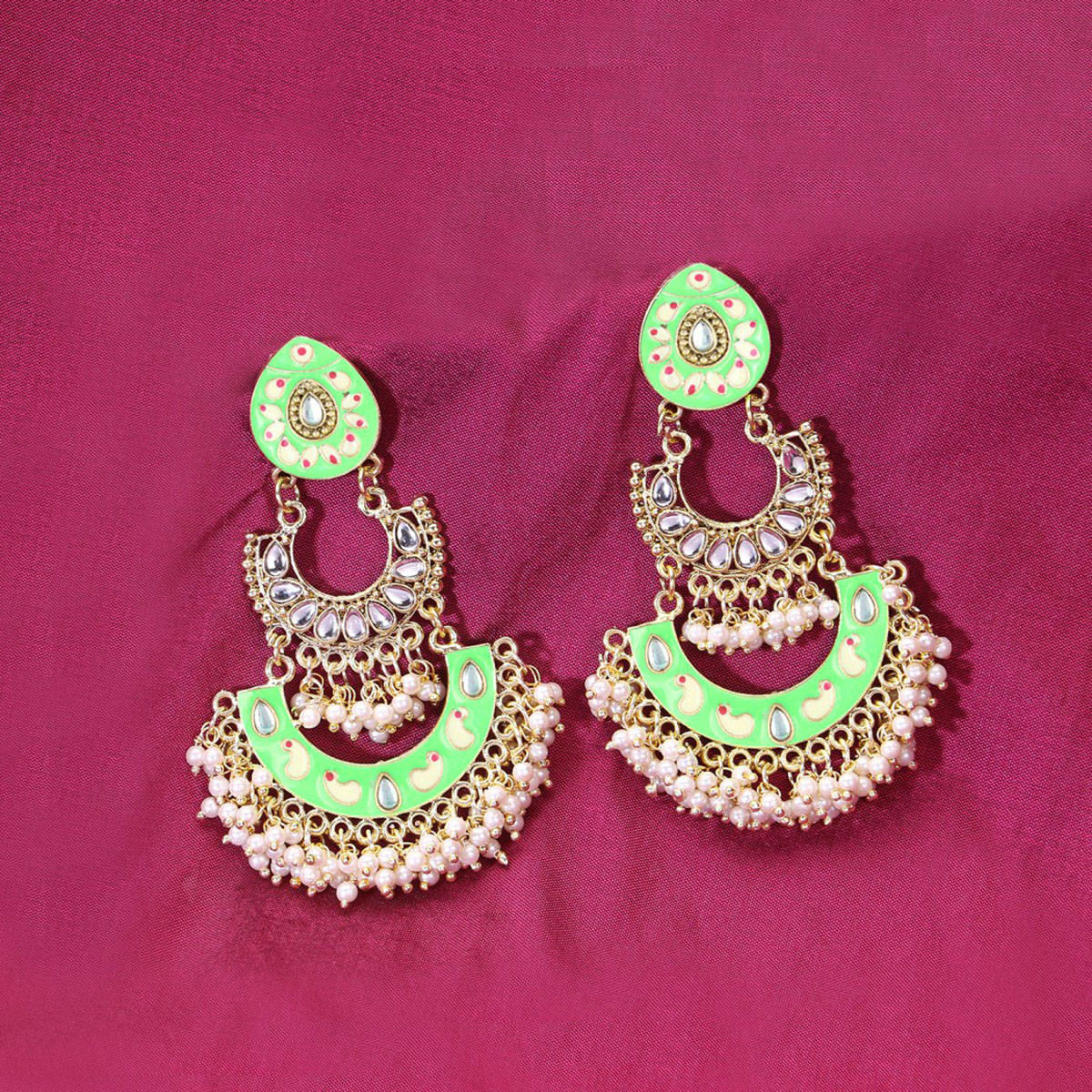 Adwitiya 24CT Gold-Plated & Stone-Studded Green Enameld Crescent Earrings With Pearls