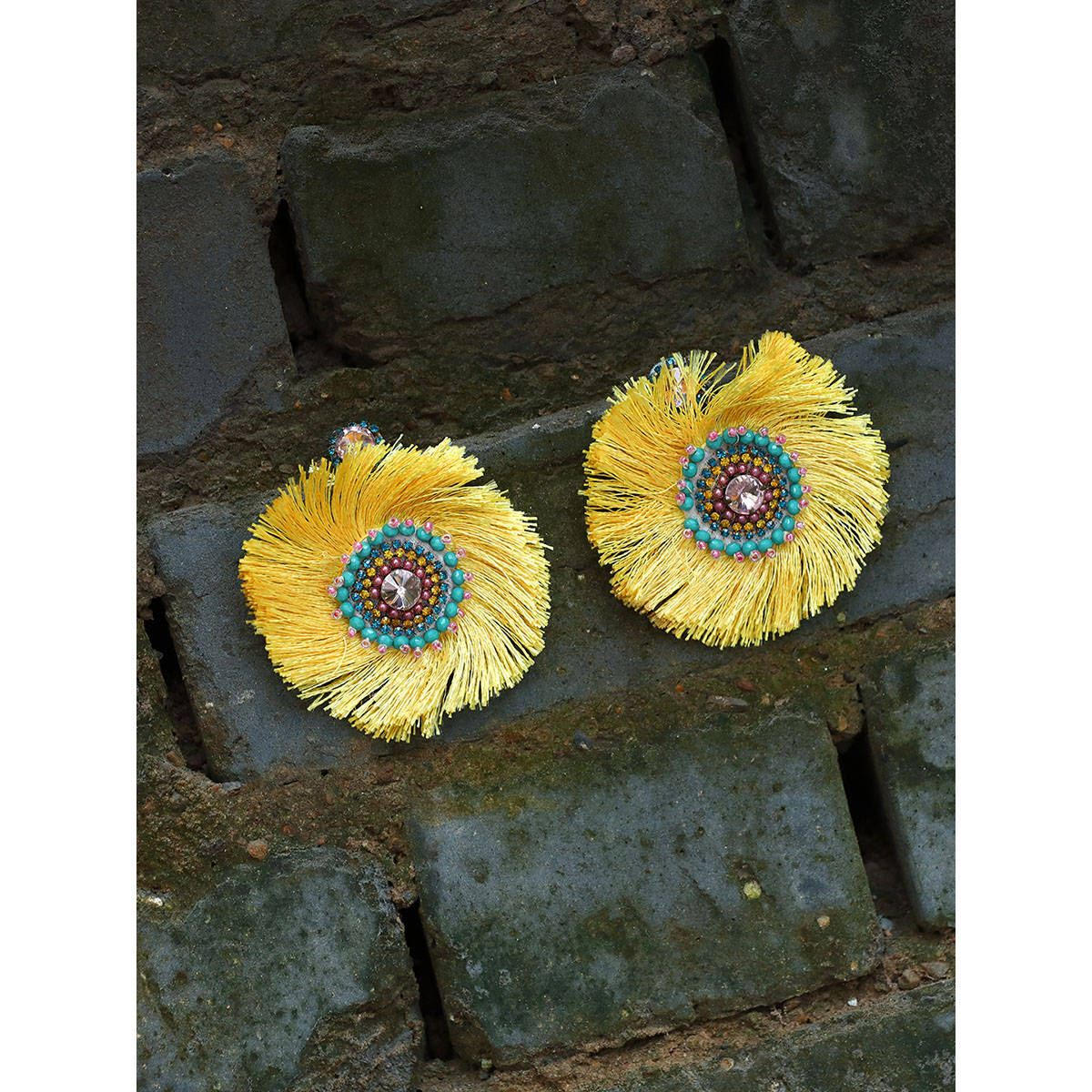 Adwitiya Women Yellow Stone-Studded Beads Circular Earrings