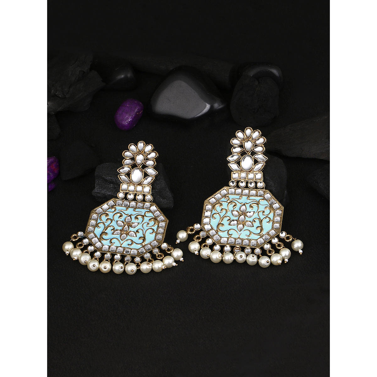 Adwitiya Gold Plated Women Sky Blue Stone-Studded Geometric Drop Earrings
