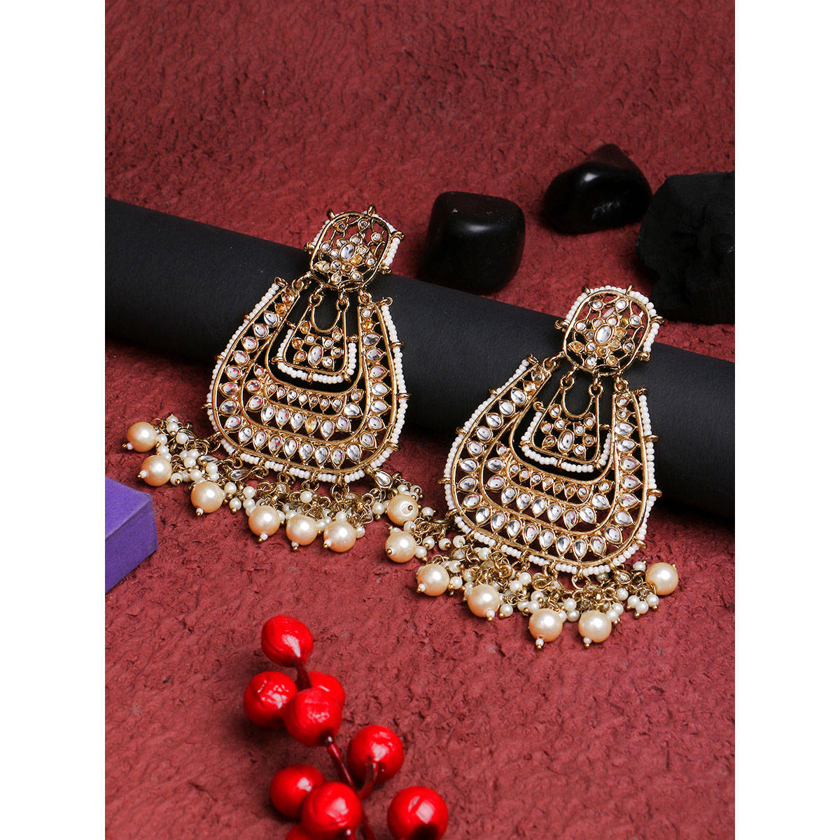 Adwitiya Gold-Plated Stone-Studed Pearl-Tessel Drop Earrings