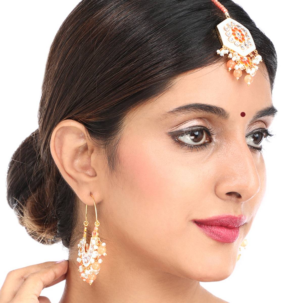 Yellow Chimes Gold-toned Meenakari Handcrafted Mang Tikka With Chandbali Hoop Earrings