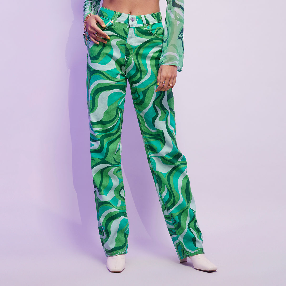 Buy MIXT by Nykaa Fashion Green Abstract Print High Waist Straight Fit ...