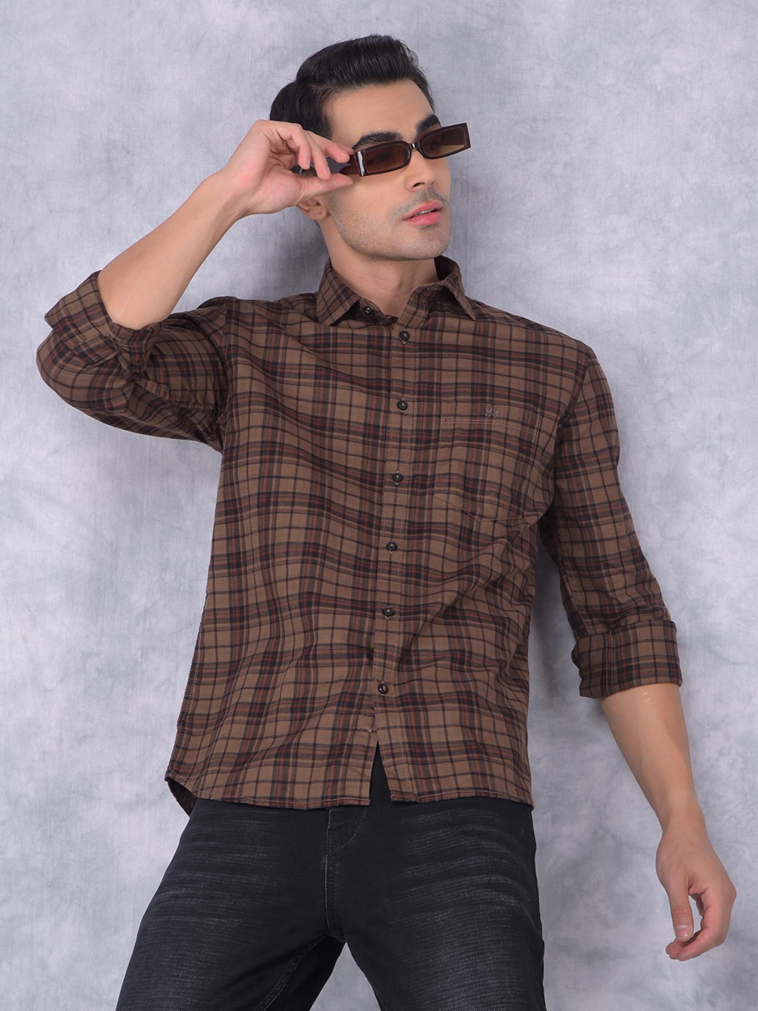 Buy CRIMSOUNE CLUB Mens Brown Checks Cotton Shirt Online