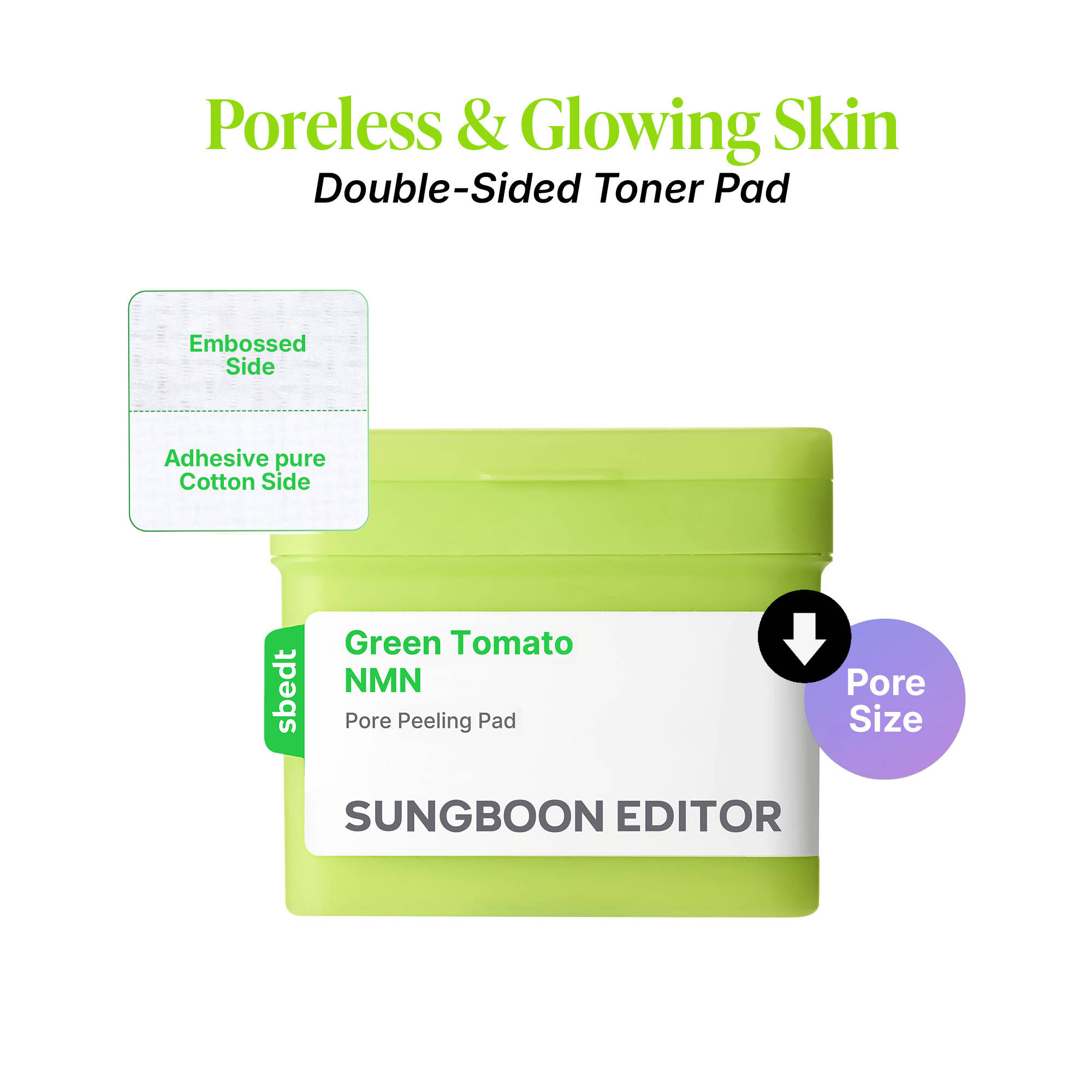 Sungboon Editor Green Tomato NMN Pore Peeling Pad, Dual-Sided Gentle Exfoliating Toner Pad