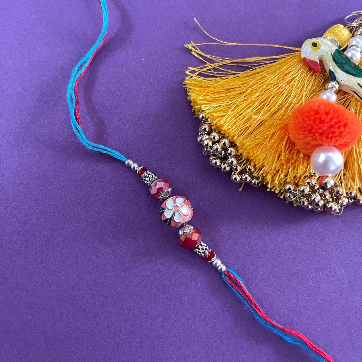 Digital Dress Room Designer Rakhi Orange Meenakari Kundan Bead Crystal Thread Rakhi