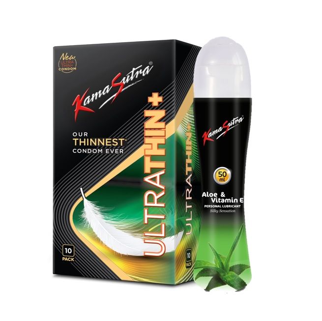 KamaSutra Ultrathin+ Condoms For Men, 10 Units & Aloe Vera Lubricant 50ml