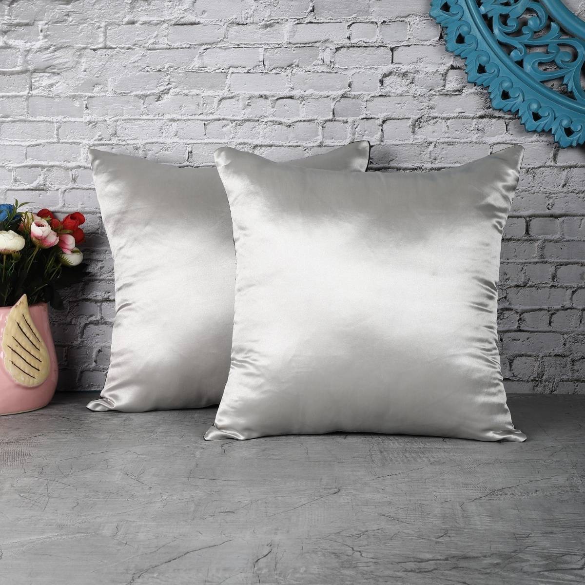 The Decor Mart Satin Grey Designer Cushion Cover (16x16 inches) (Set of 2)