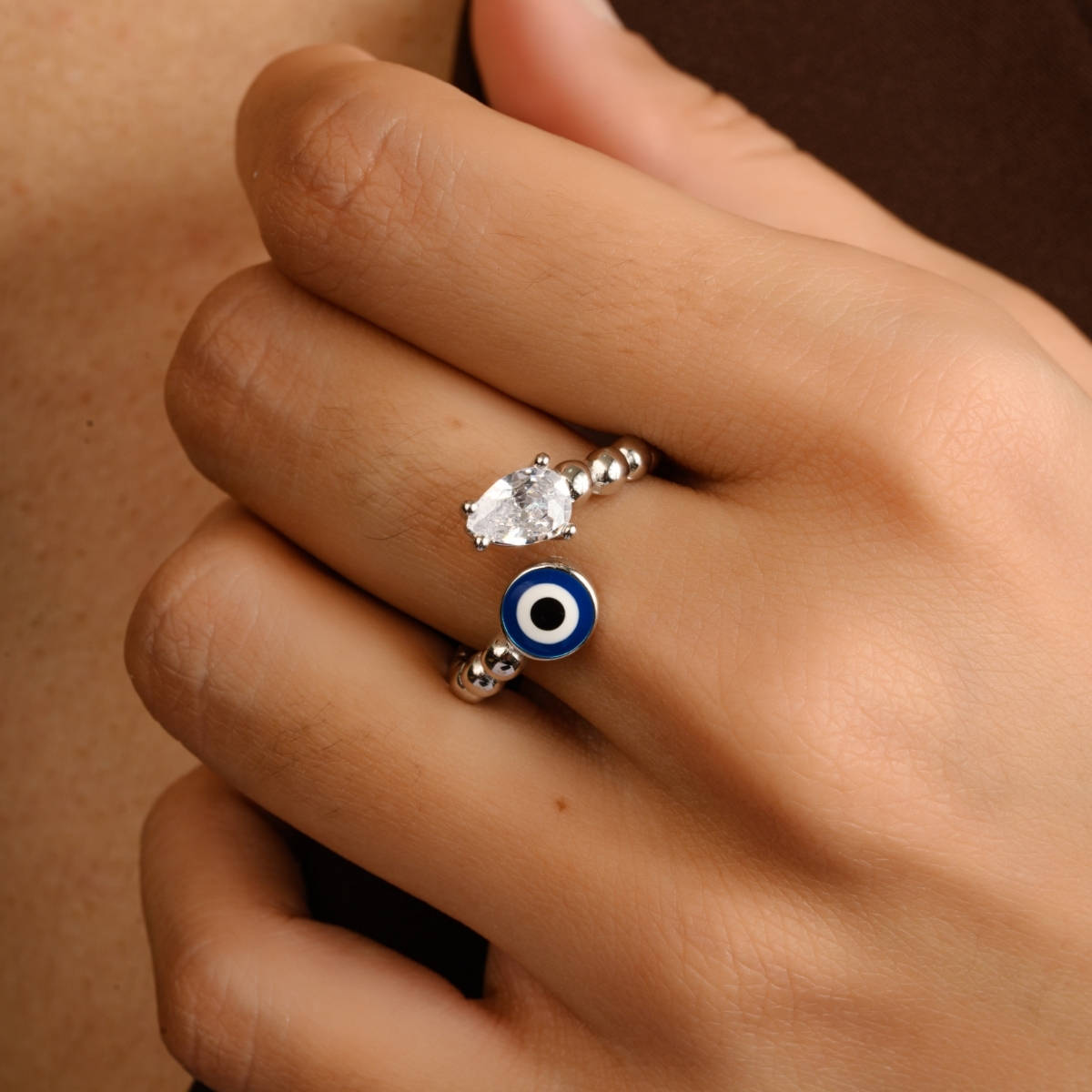 METALM Adjustable Blue Evil Eye Ring in 925 Silver with Pear Cut CZ Diamond in White Gold Finish