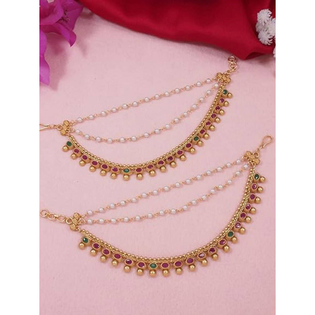 I Jewels Multi-Color Gold Plated Stones Ear Chain (Set of 2)