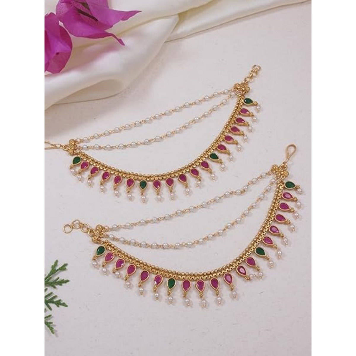 I Jewels Multi-Color Gold Plated Stones Ear Chain (Set of 2)