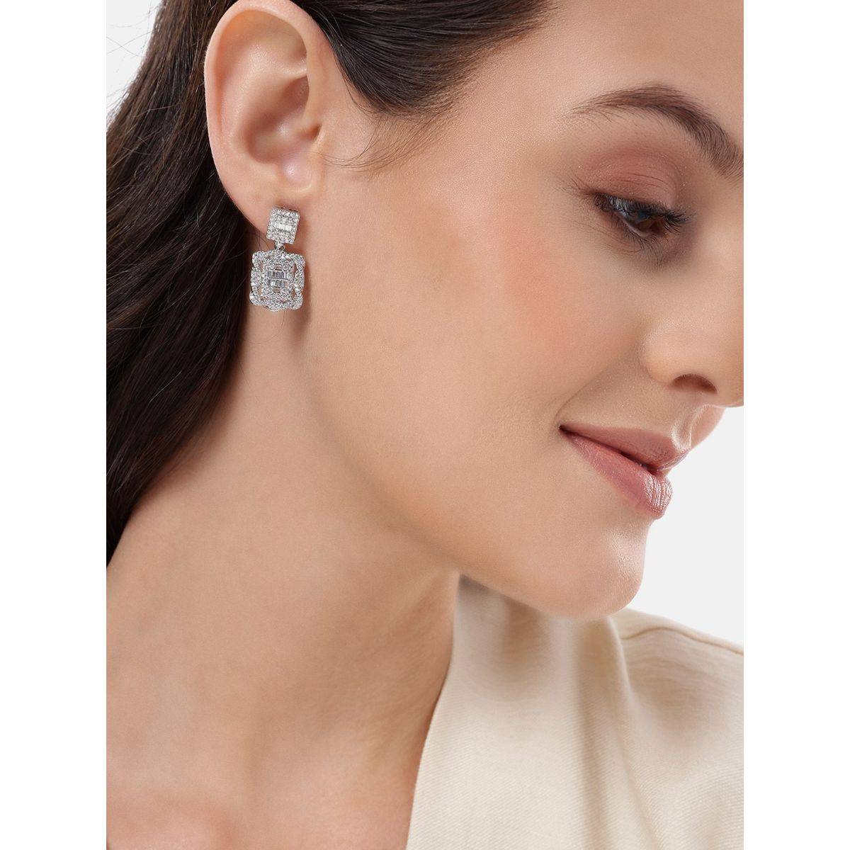 Carlton London Premium Silver Plated Cz Square Drop Earrings