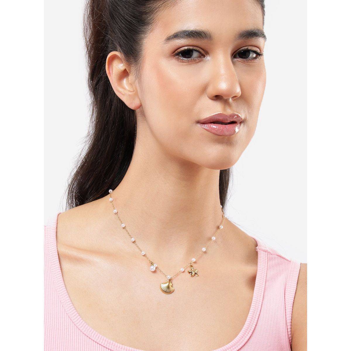 Carlton London Gold Plated White Pearl Shell and Starfish Necklace