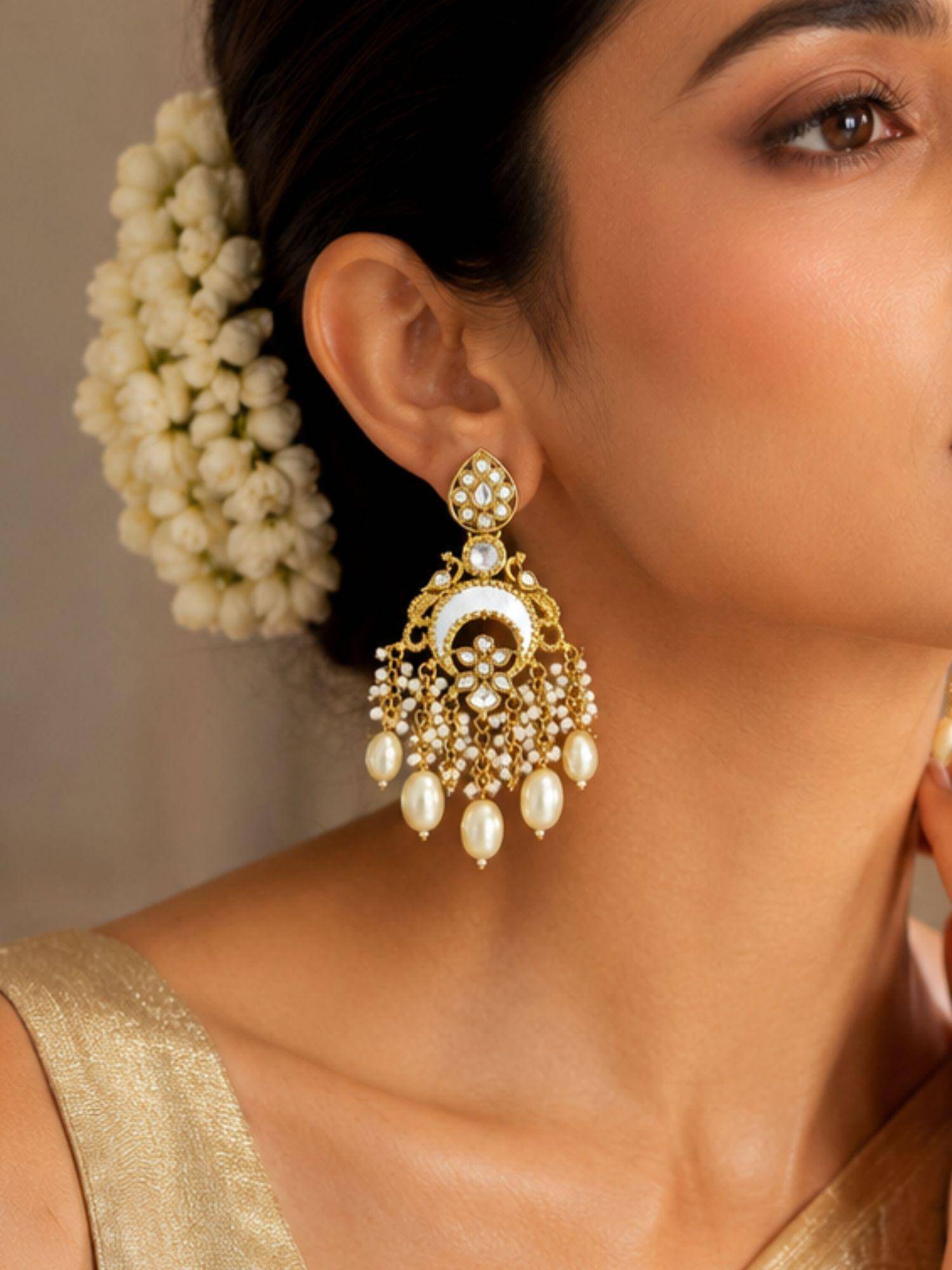 Abdesigns Women White Stones Brass Pair Of Earrings