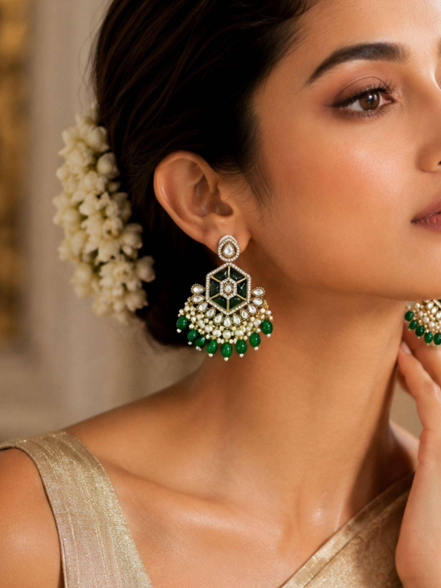 Abdesigns Women Green Stones Brass Pair Of Earrings