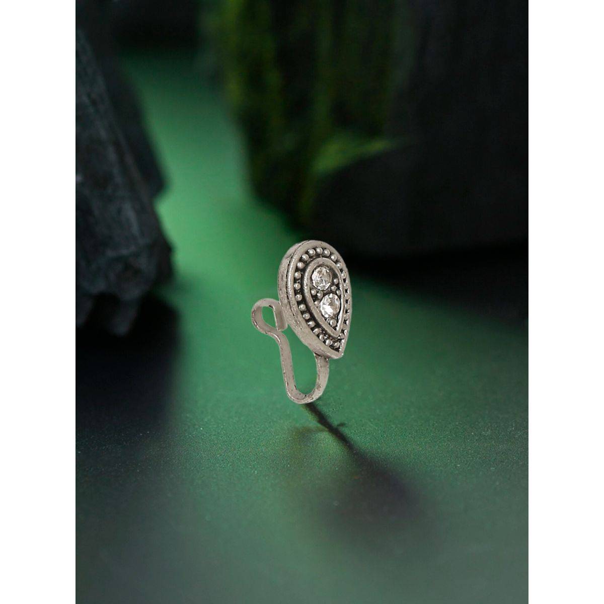 OOMPH Oxidised Silver Stones and Pearls Teardrop Ethnic NoseRing / Nose Pin