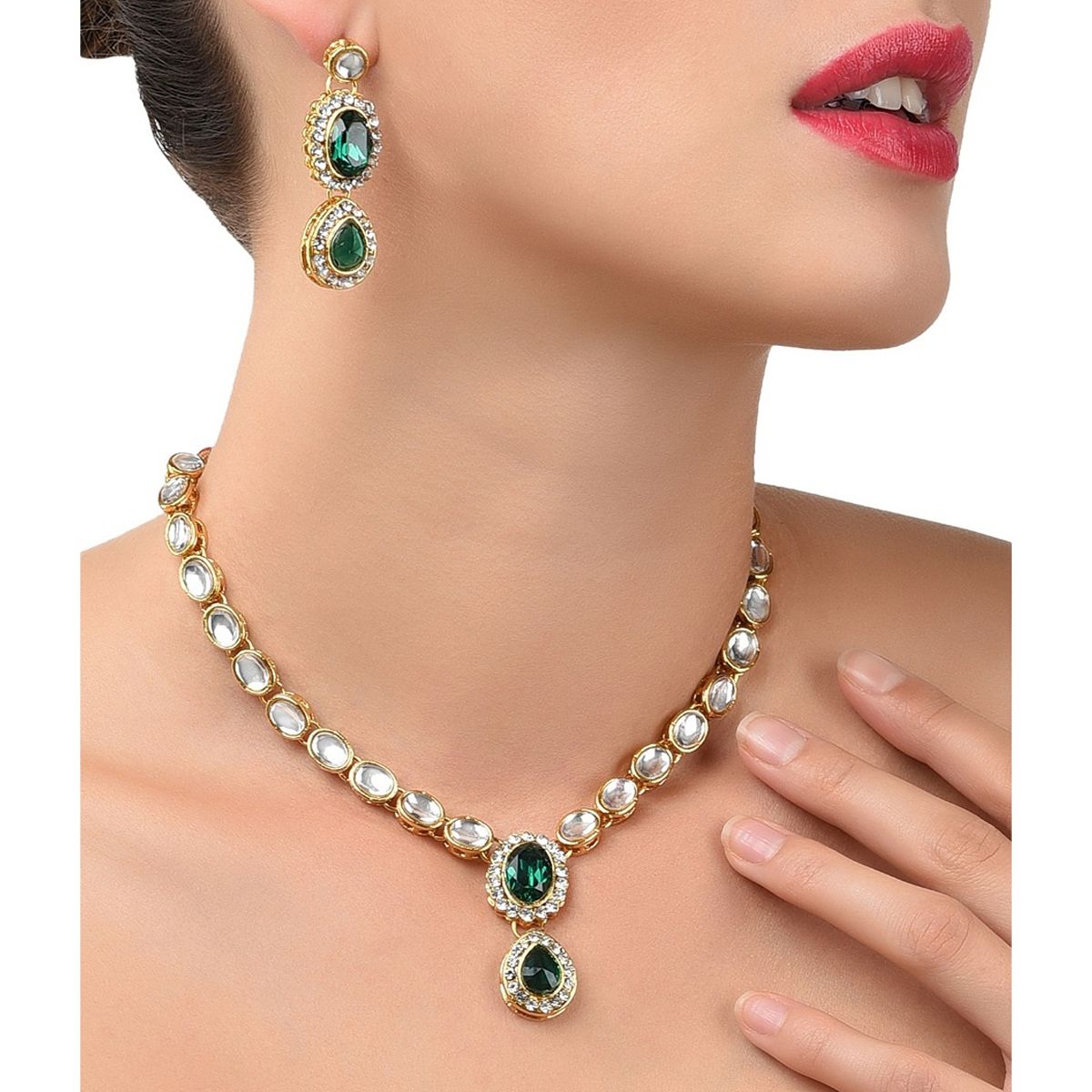 22K Gold Emerald Necklace & Drop Earrings Set - 235-GS3750 in 36.950 Grams