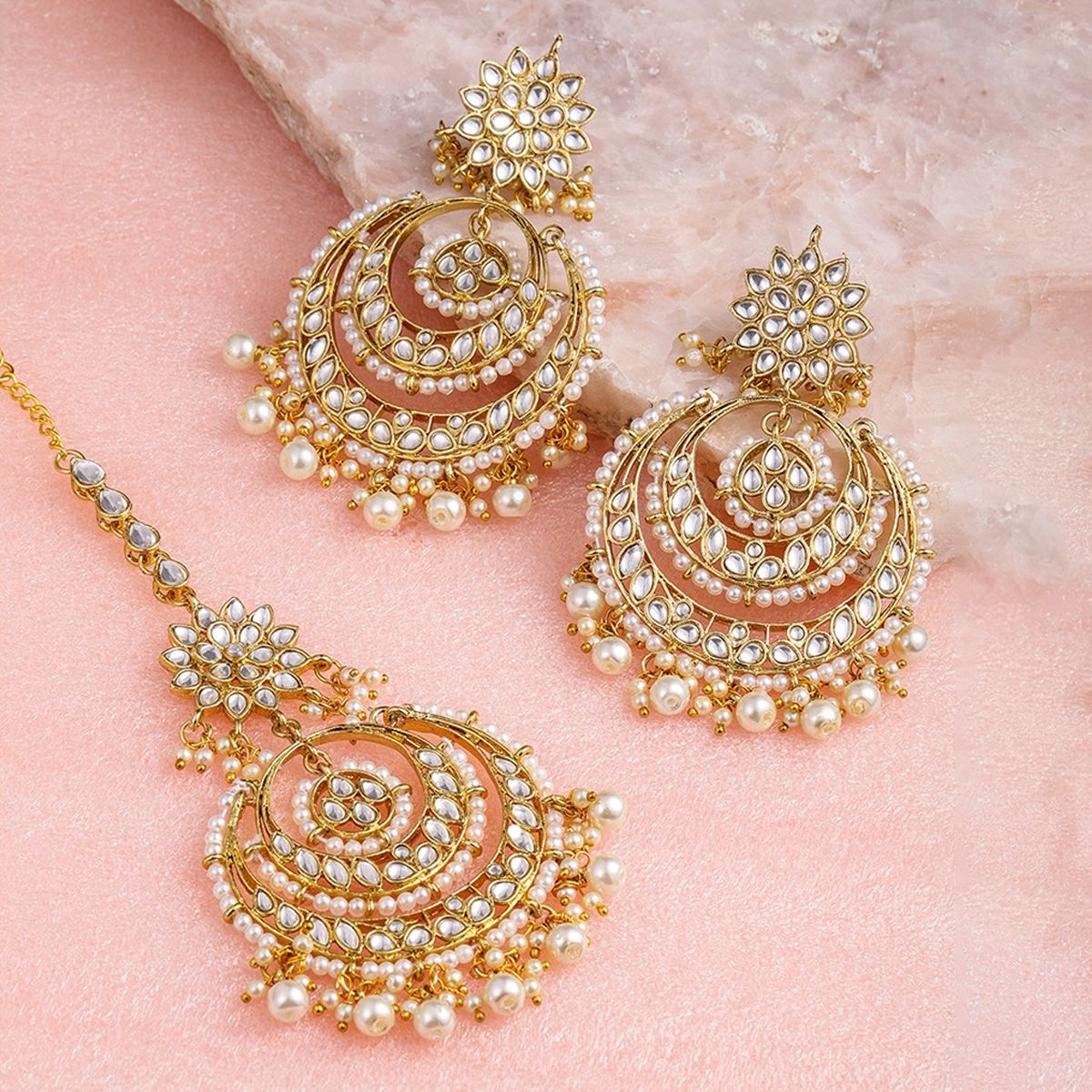 Buy Zaveri Pearls Gold Tone Kundan & Pearls Chandbali Earring ...