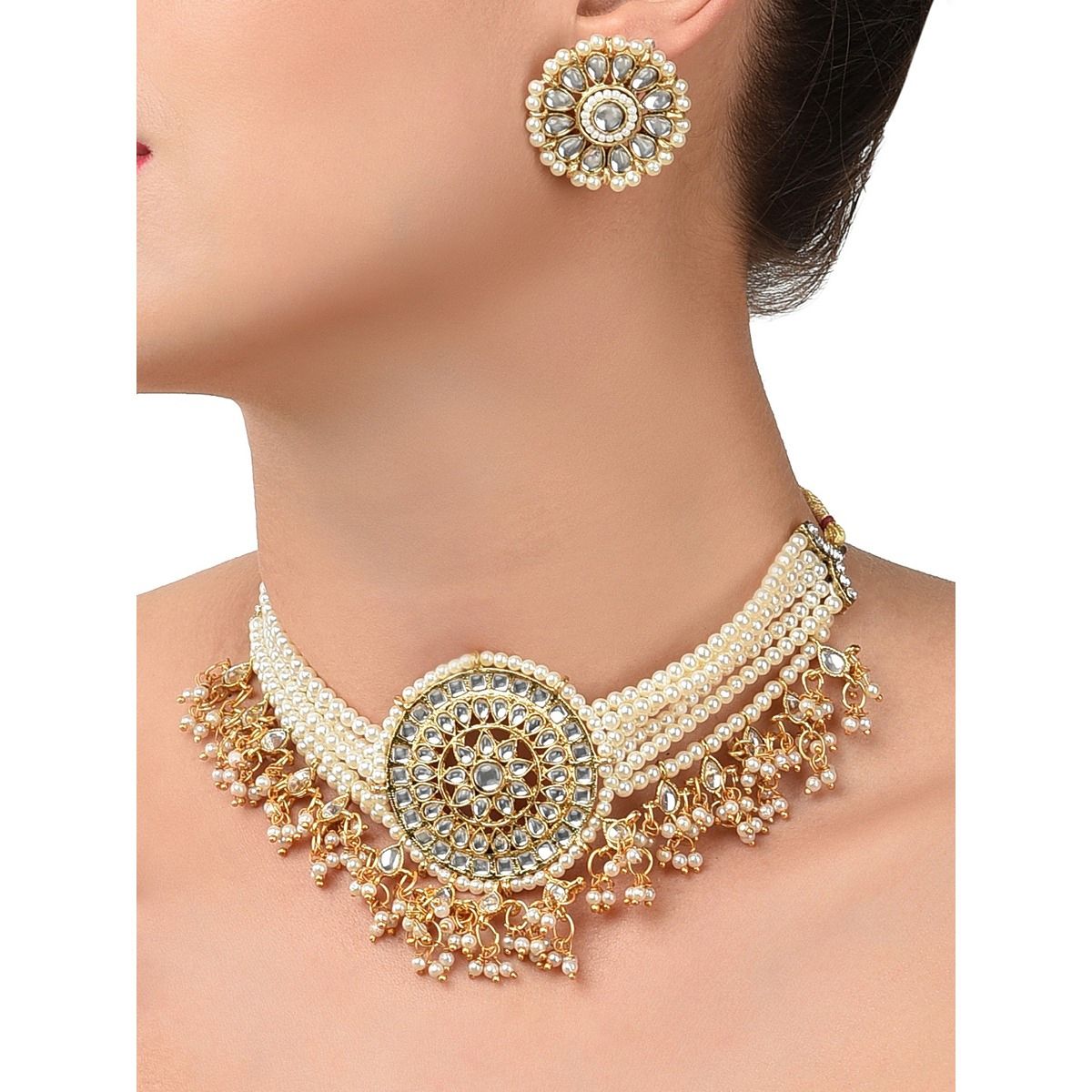 Arzonai Multi-layer pearl inlaid diamond necklace collar clavicle chain  design sense net red rhinestone short