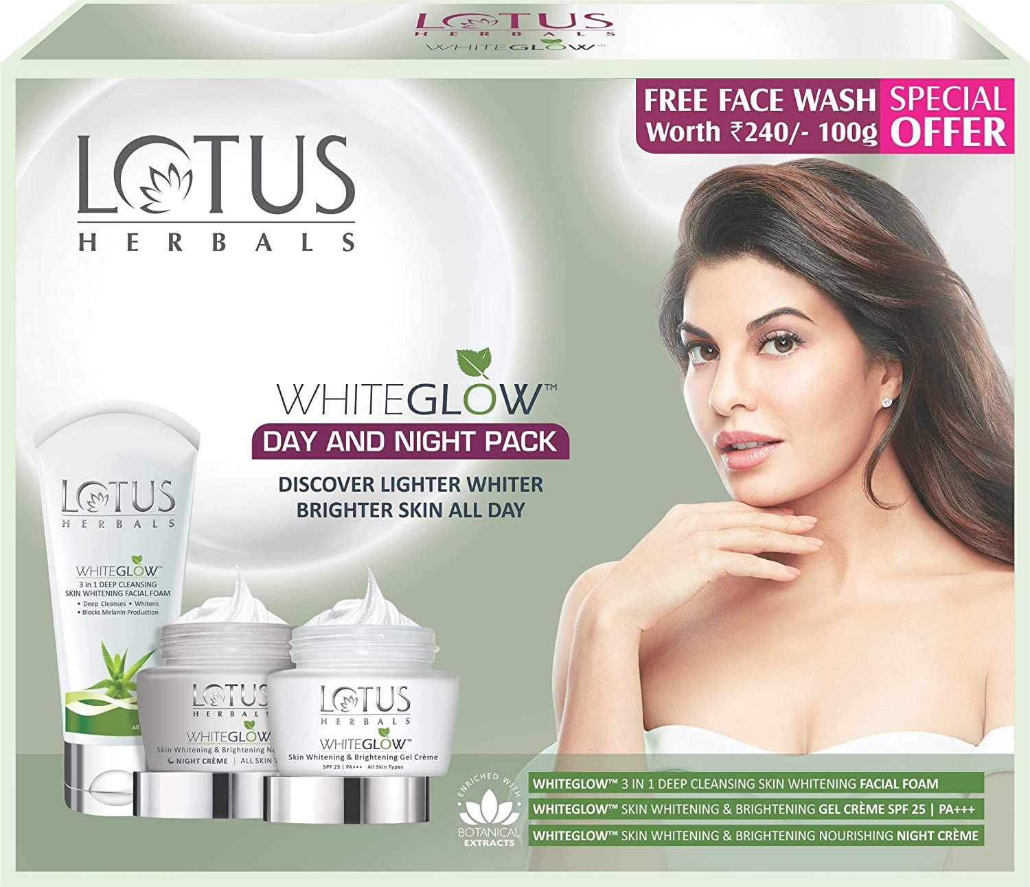 Lotus Herbals WhiteGlow Day & Night Pack With WhiteGlow 3-in-1 Skin Whitening Free Face Wash Worth Rs.240