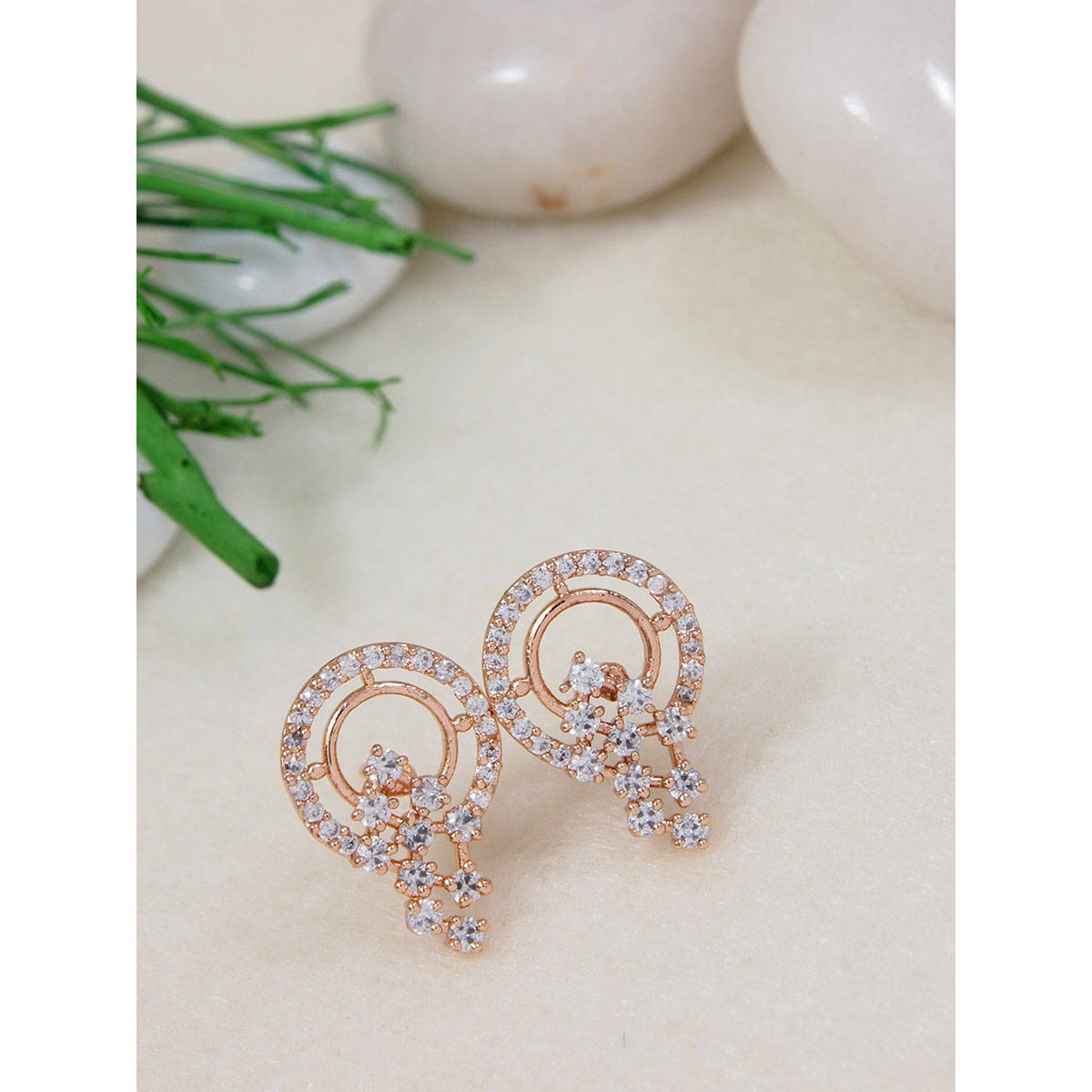 I Jewels Rose Gold Plated American Diamond Stud Earrings For Women