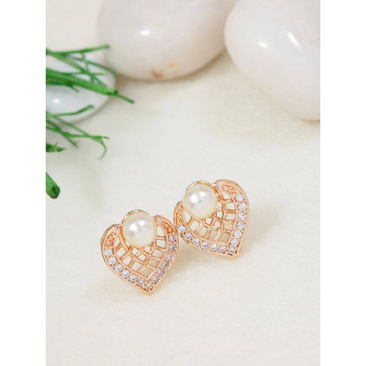 I Jewels Rose Gold Plated American Diamond Stud Earrings For Women