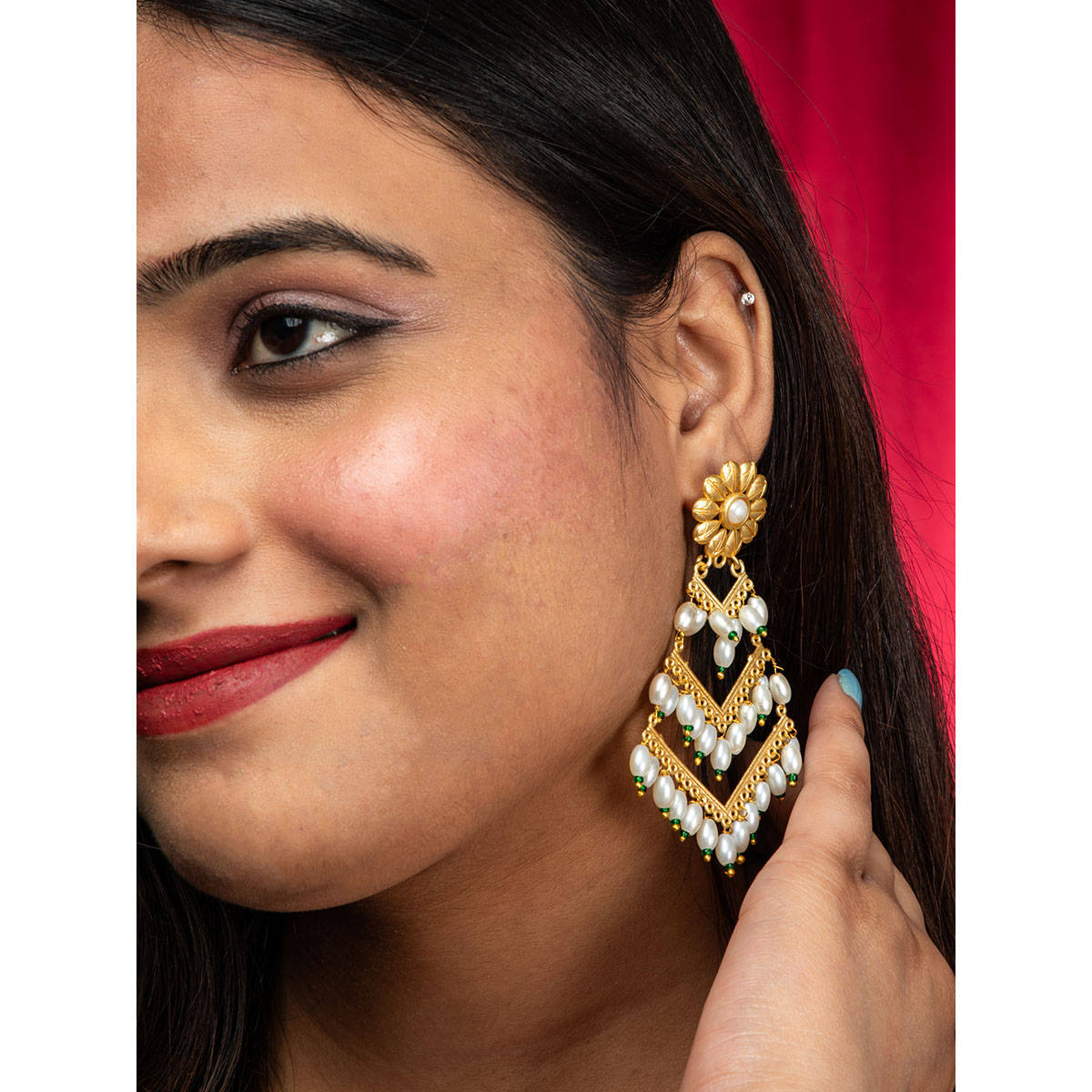 Niscka 22K Gold Plated Floral Triple Layered Drop Earrings With Faux Pearls