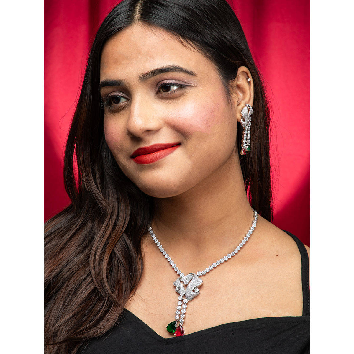 Niscka Silver Rhodium Plated Pink Green And White Ad Necklace With Earrings