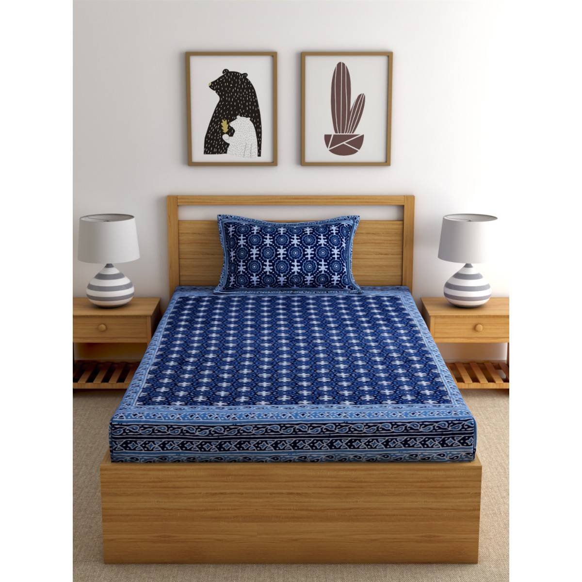 Rajasthan Decor Floral Print Blue Color Cotton Single Bedshet with 1 Pillow Cover