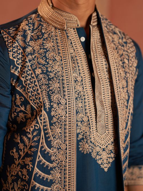 Jompers Men's Kurta Embroidered Cardigan & Pajamas