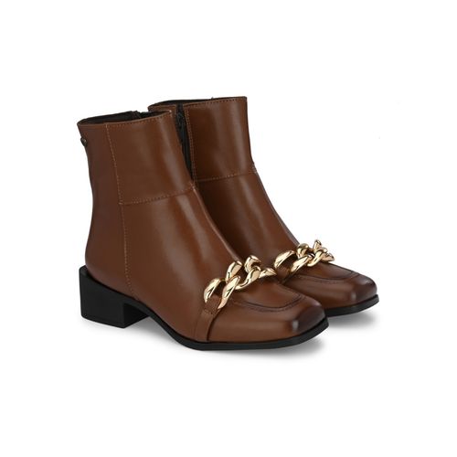 Buy Delize Women Tan Solid Mid Heel Ankle Chelsea Boots With Chain