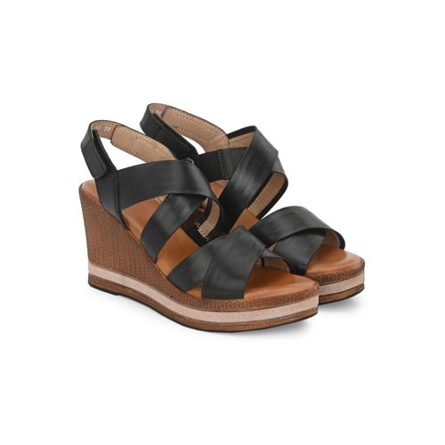 Black Leather Wedge Sandals Uk Delize Women Black Solid Cross