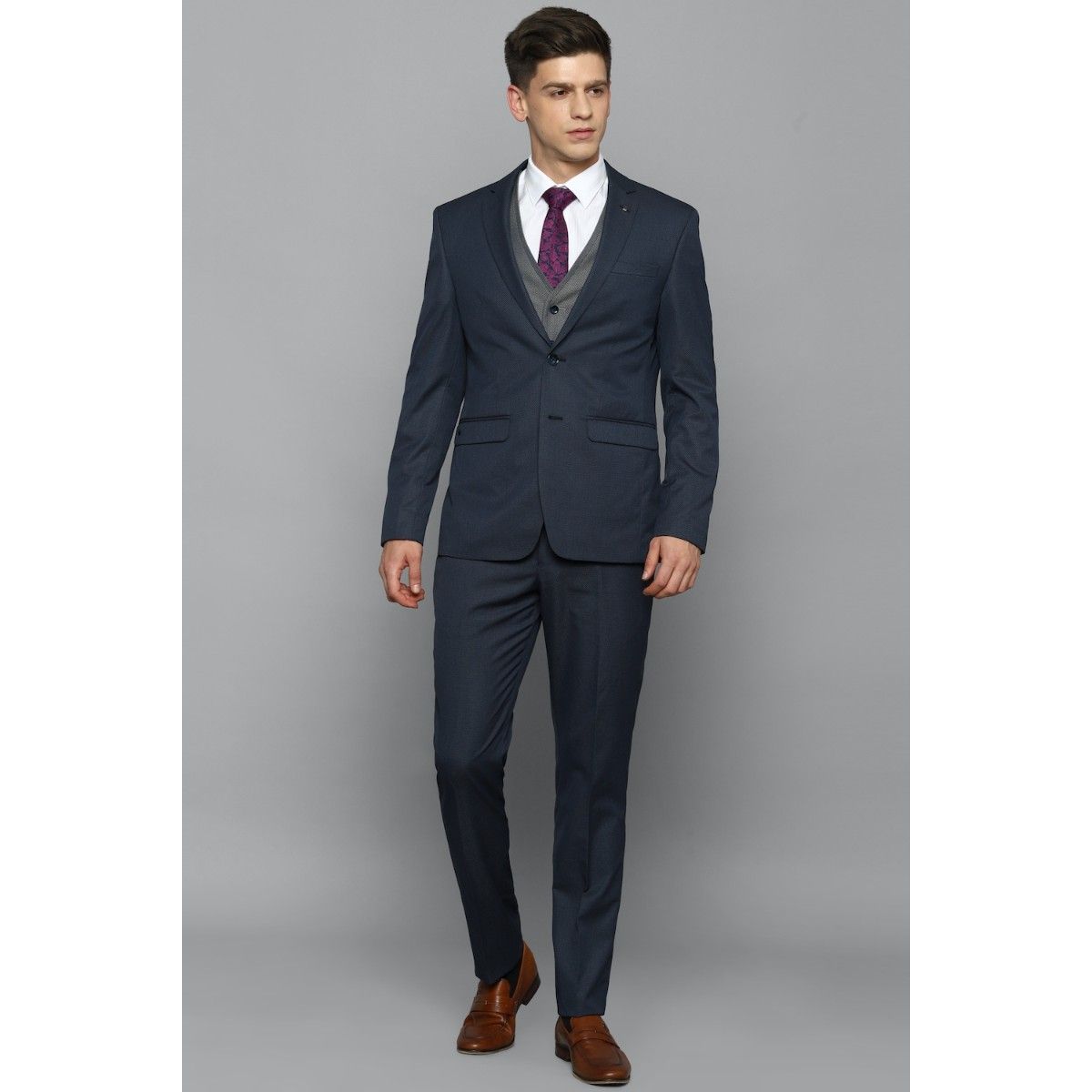 Men Navy Slim Fit Solid Formal Three Piece Suit