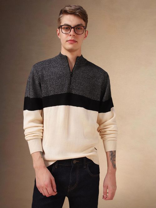 Dennis Lingo Men Off White Color Block Mock Collar Full Sleeves Pullover  Sweater