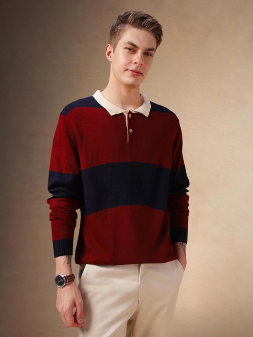 Dennis Lingo Men Maroon Color Block Shirt Collar Full Sleeves Pullover  Sweater