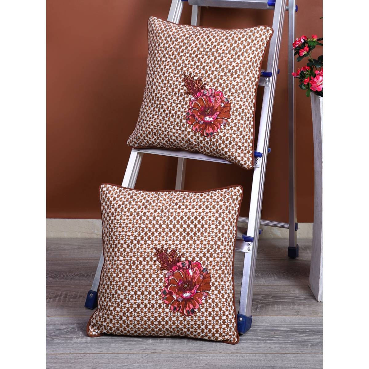 eyda Corner Boota Choco Brown Color Designer Cushion Cover Set Of 2-16X16 Inch