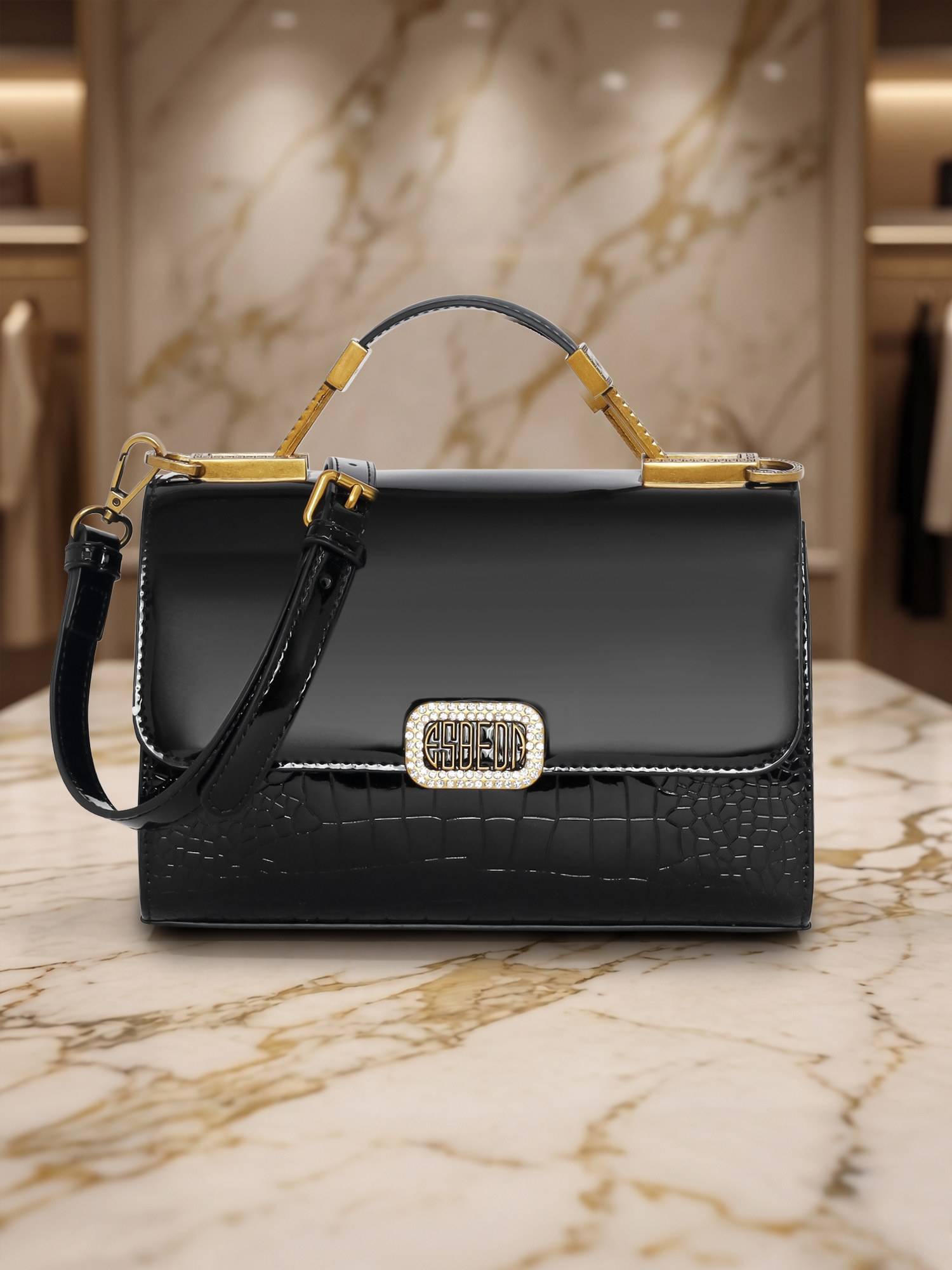 ESBEDA Black Patent Glow Elegance Handbag for Womens (M)