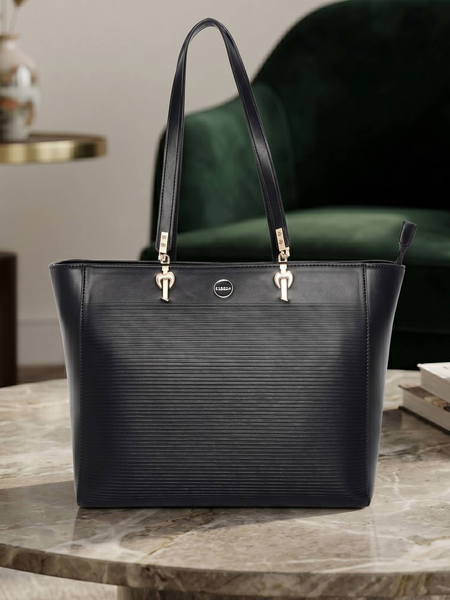 ESBEDA Black Ribbed Charm Detail Tote Bag for Womens (L)