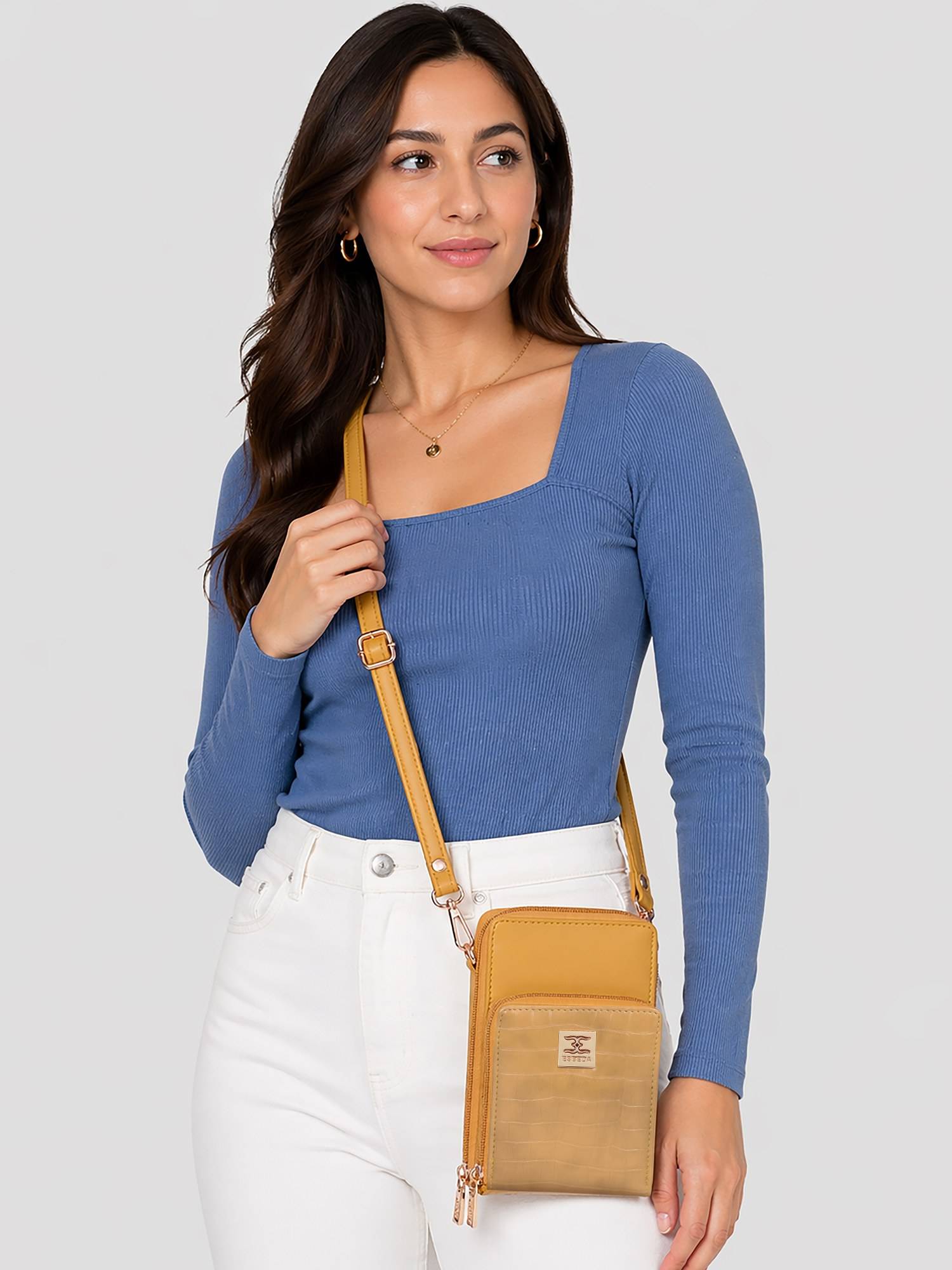 ESBEDA Mustard Croco Luxe Mini Mobile Sling Bag for Womens (S)